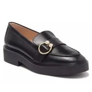 STUART WEITZMAN BRENNA LOAFER black leather loafer with pearl buckle detail